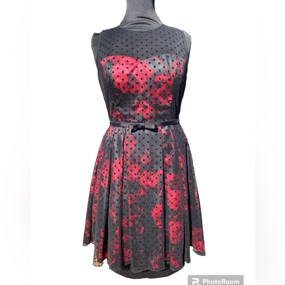 Pinup retro rose and polka dot pleated dress NWOT SIZE 14
